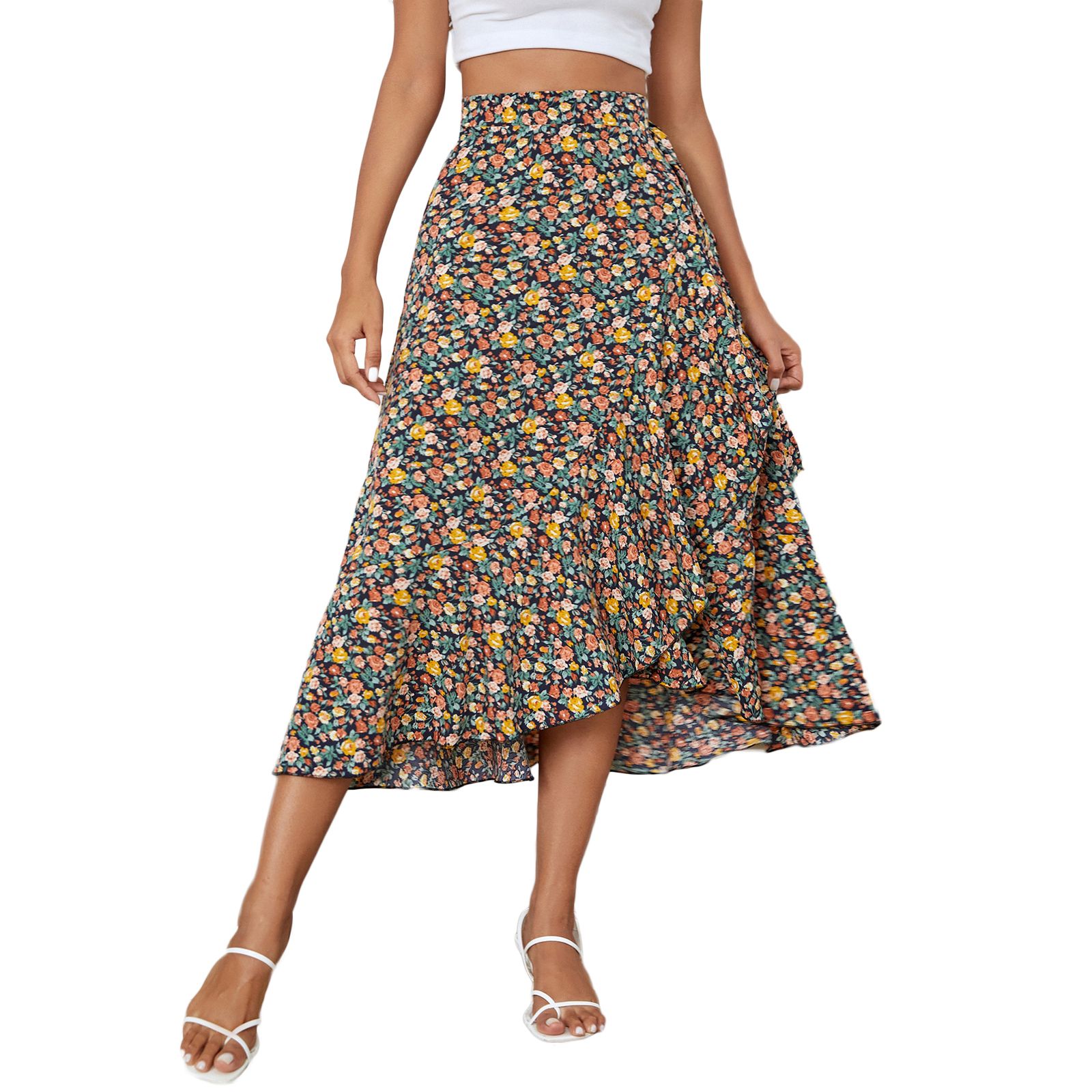 Women's Midi Skirt Female High Waist Tie-up Split Floral Printed Ruffle-Trim Irregular Hem Skirts