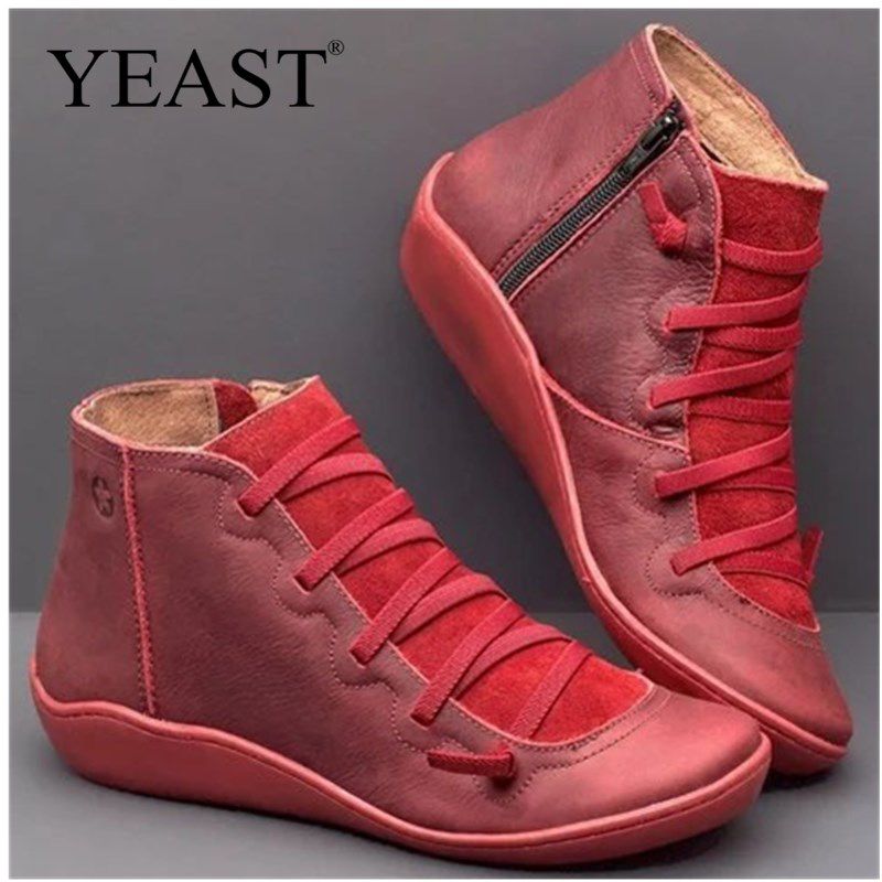 Fashion Boots For Women Casual Flat Leather Retro Lace-up Boots Side Zipper Round Toe Ankle Boots New Design Shoes