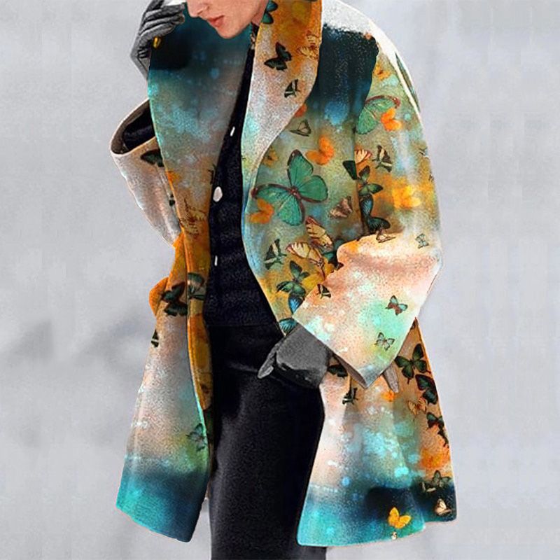 Vintage Harajuku Pattern PrintP Women TOuterwear Autumn Winter New Elegant Lapel Loose Coat Fashion Long Sleeve Jacket Tops