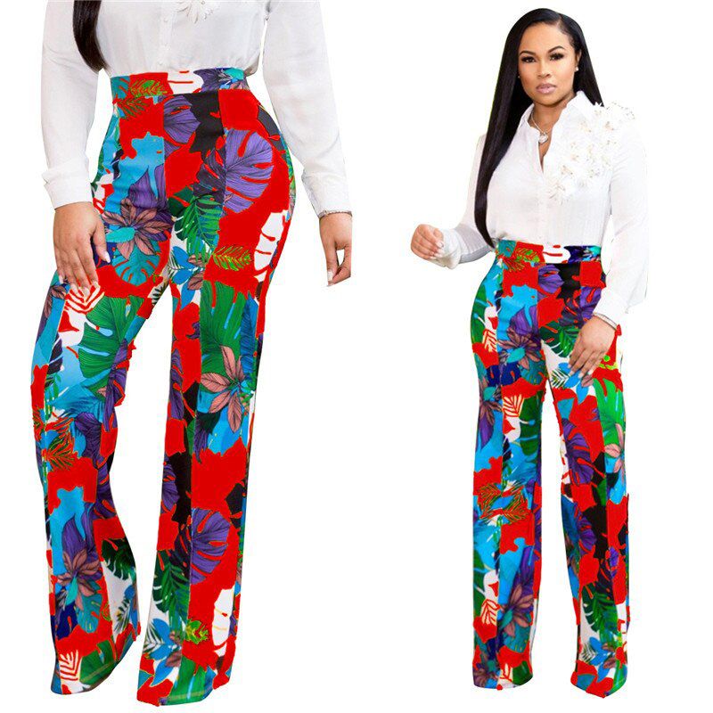 Women Summer High Waist Wide Leg Pants Casual Long Pants Lady Office Beach Streetwear Elastic Floral Print Loose Trousers Pants