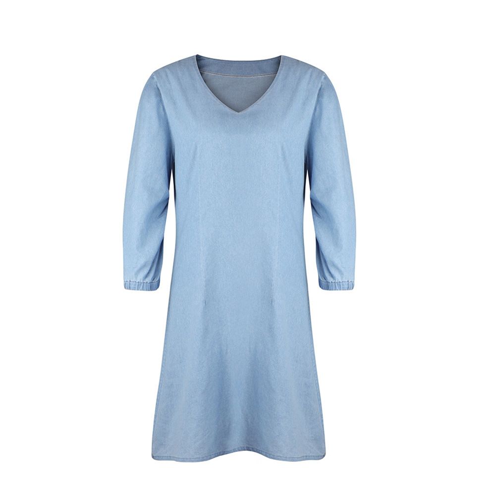 Women V Neck Half Sleeve Elastic Cuff Mini Denim Dress