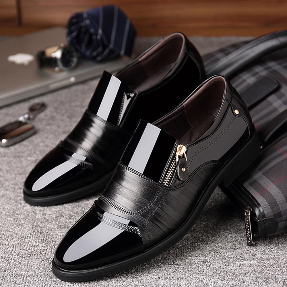 Men's Business Slip On Oxford Footwear Pu Leather Breathable Pointed Toe Side Zipper Shoes