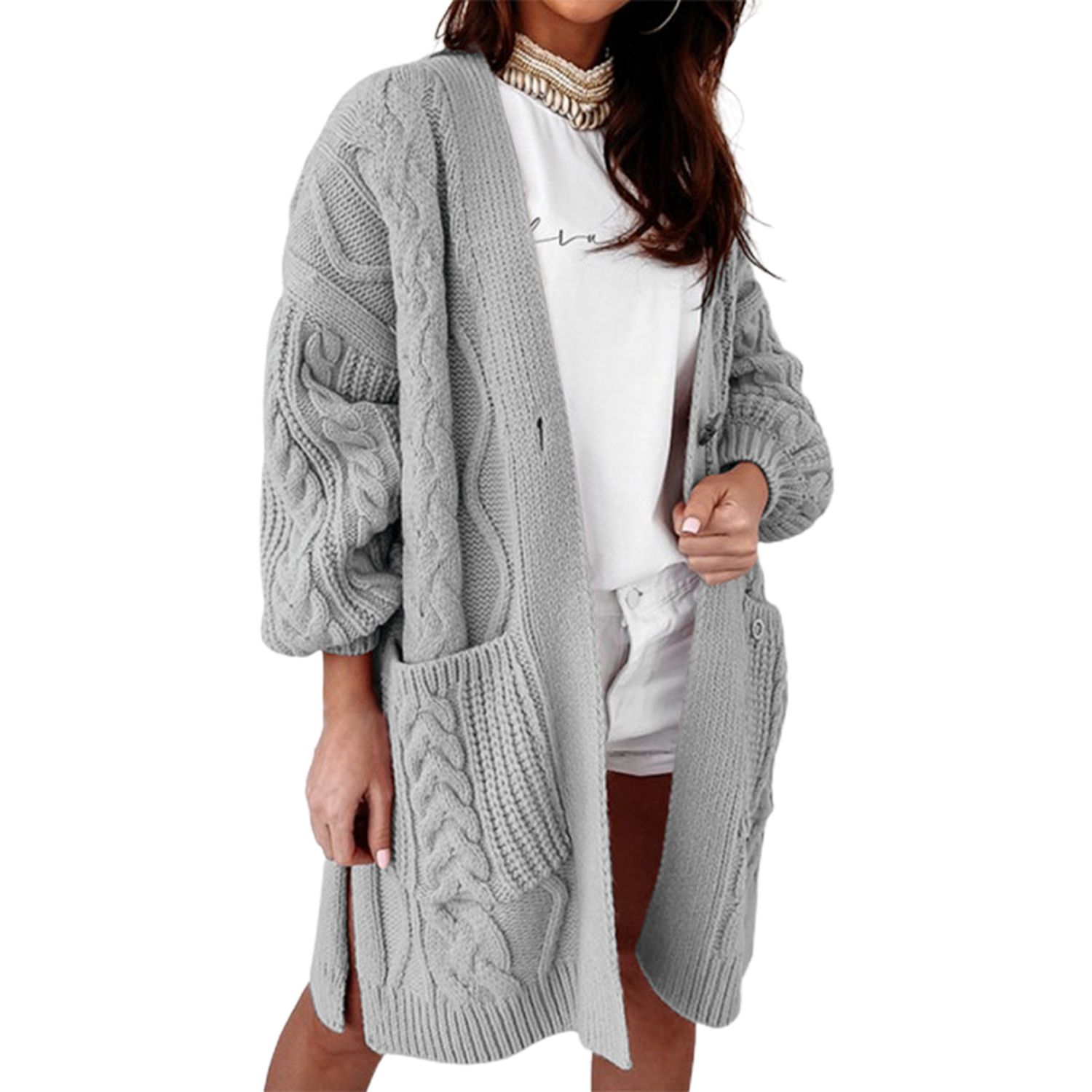 Women Sweater Coat Lantern Sleeve Thick Pure Color Sweater Coat