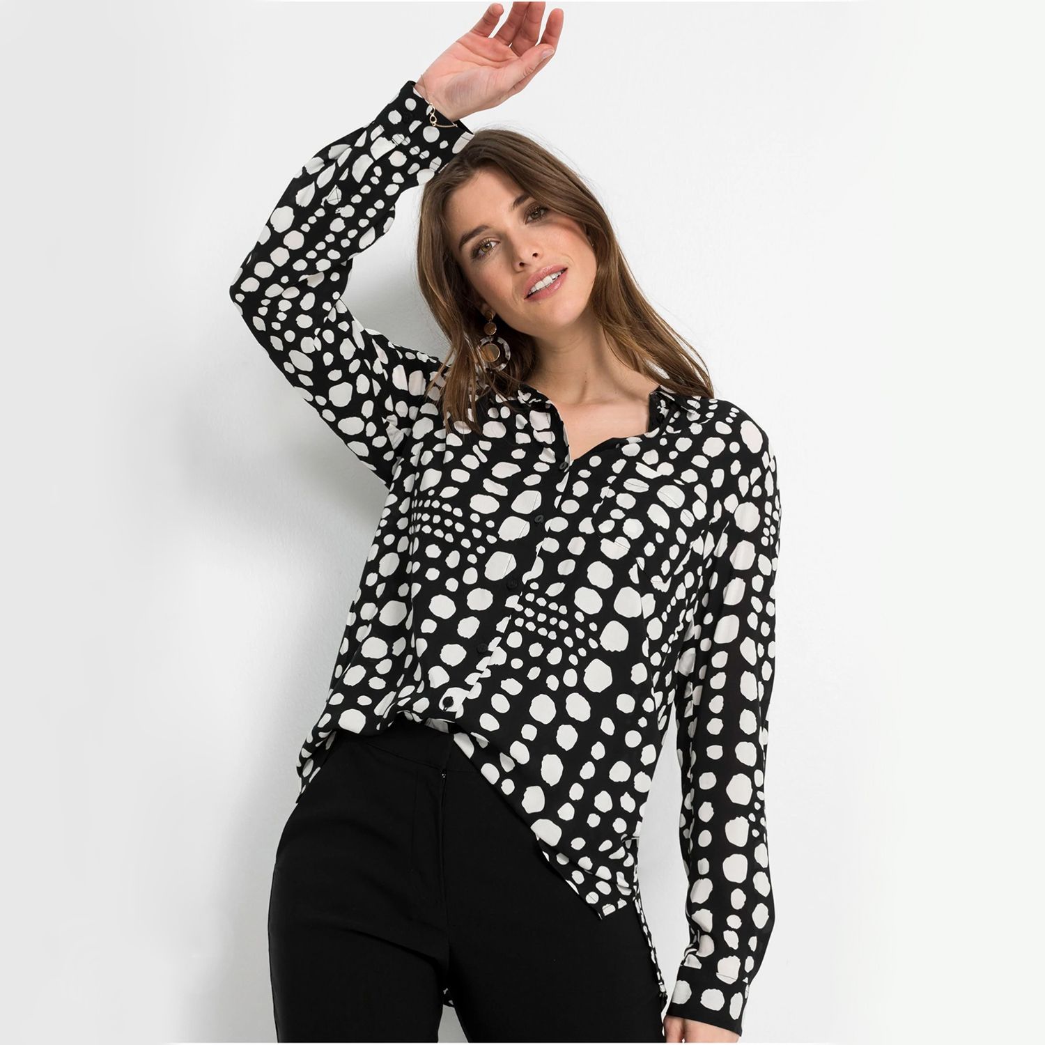Black Printed Viscose Long Sleeve Ladies Shirt (BLACK/DOT/CT-50)