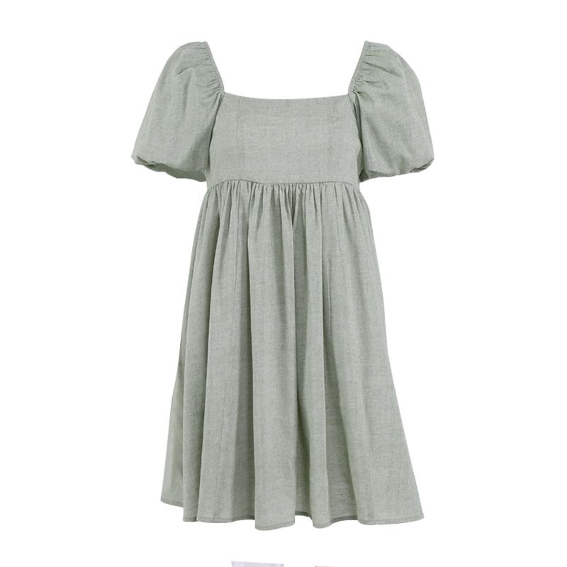 OOTN Vintage Casual Short Dress Summer Women Puff Sleeve A Line Dresses High Waist Square Collar Linen Ladies Dress Khaki 2021