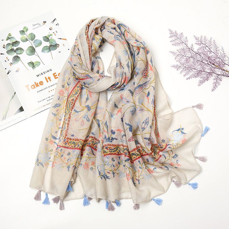 2021 Fashion Luxury Brand Aztec Floral Tassel Viscose Shawl Scarf Lady High Quality Wrap Pashmina Stole Bufandas Muslim Hijab