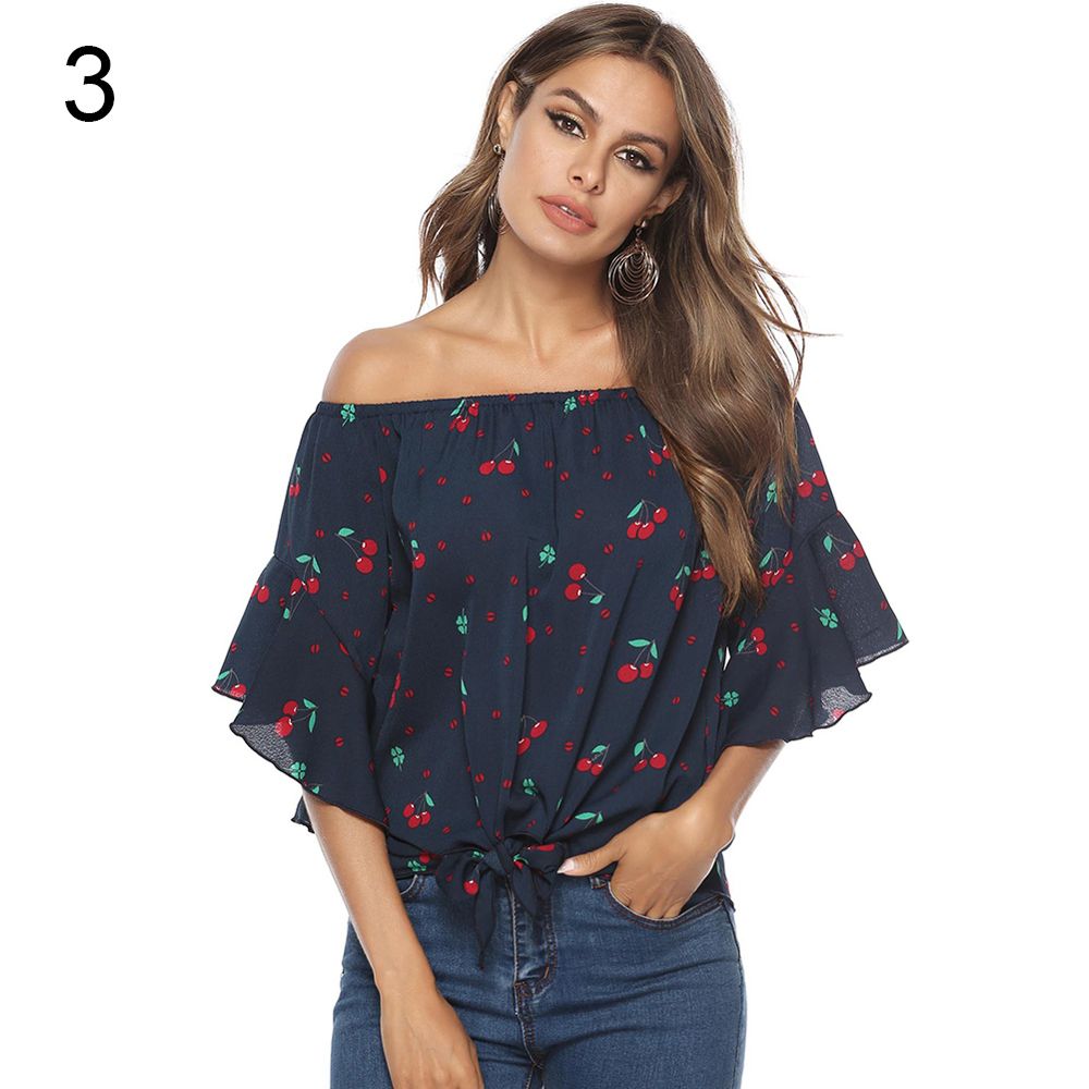 Women Ruffled Half Sleeve Off Shoulder Tied Hem Shirt Blouse