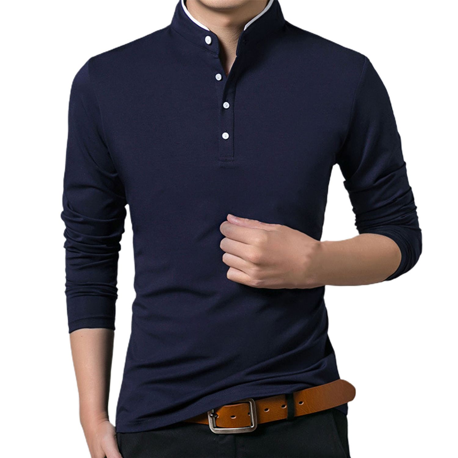 Men Autumn Solid Color Long Sleeve Stand Collar Base T-shirt Buttons Sweatshirt