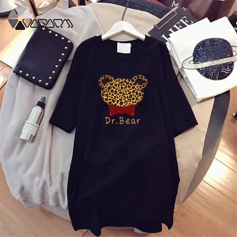 Women Cartoon Print Leopard  Dresses short Sleeve Black White Party Casual Mini Fashion Loose Summer Cute Dress