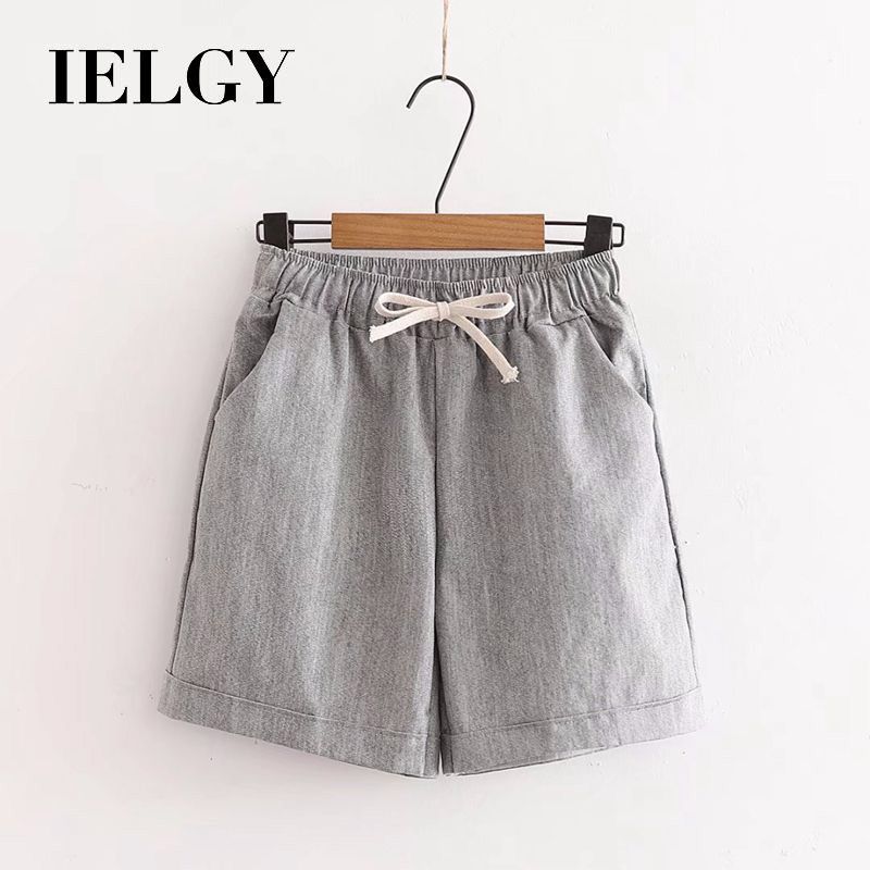 IELGY Korean version of the college style summer sweet candy color elastic waist cotton and linen five-point pants women shorts tide beach pants