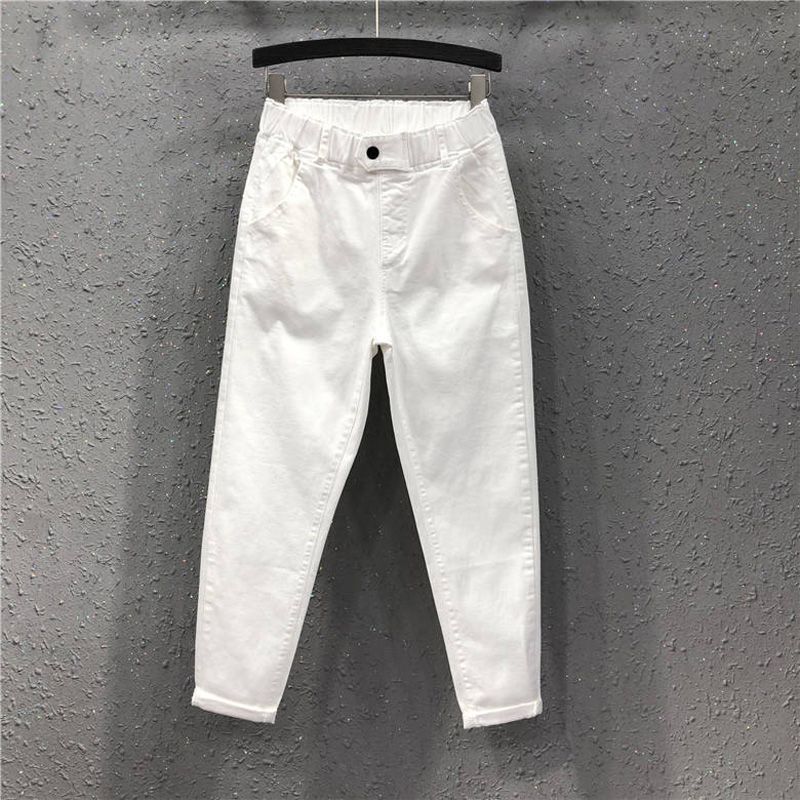3XL Korean Style Autumn Spring Women's Harem Pants Casual Cotton Jeans Elastic Waist Yellow White Denim Capri Pants for Women