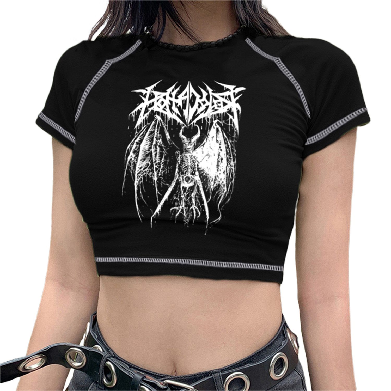 Women’s Casual Short Sleeve T-shirt Fashion Anime Demon Printing Exposed Navel Pullover Tops