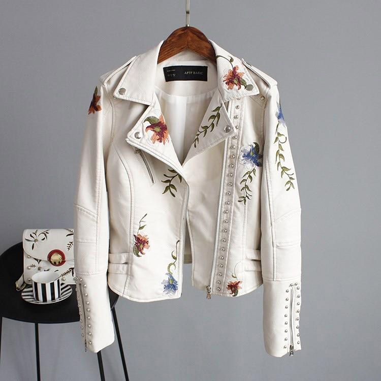 Women Floral Print Embroidery  Soft Leather Jacket Coat Turn-down Collar Casual Pu Motorcycle Black Punk Outerwear Jacket for Women