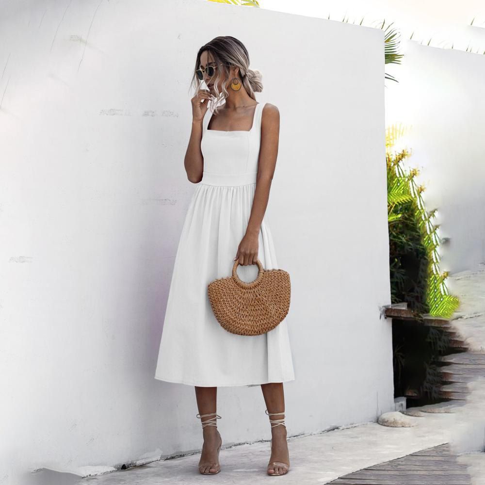 Women Long Dress Summer Backless Casual White Black Ruched Slip Midi Sundresses Ladies Strap Clothes For Women y2k