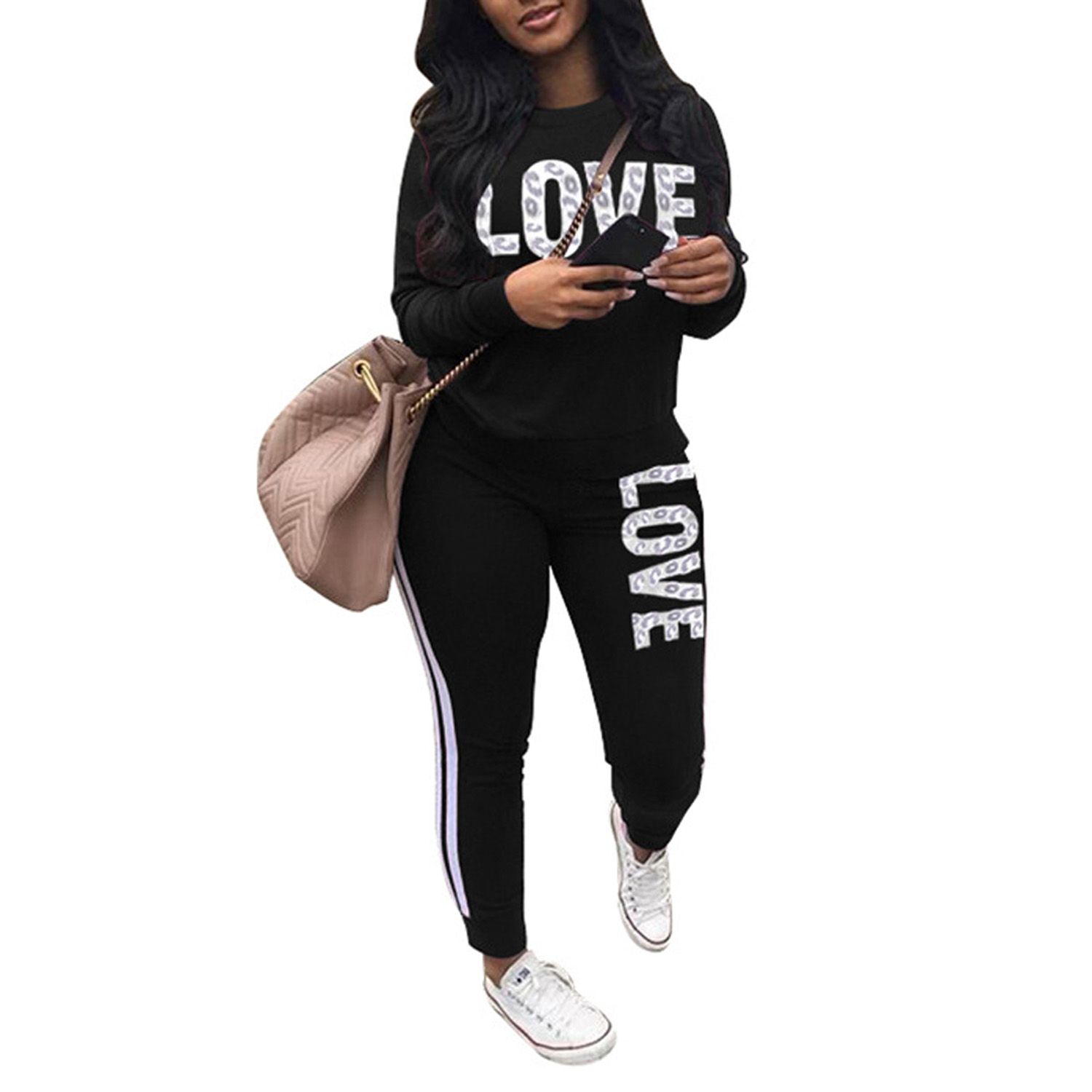 Women's 2 Piece Tracksuit Set, Long Sleeve Letter Print Tee Top + Long Pants Set Loungewear