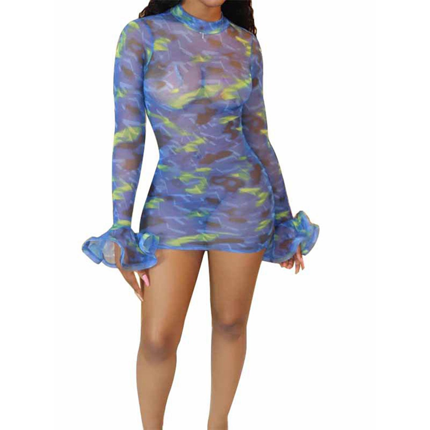Women's Wrapped Dress, Floral Midi, Long-Sleeve High Round Neck Ruffle Cuff Club Summer Girl’s Clothes