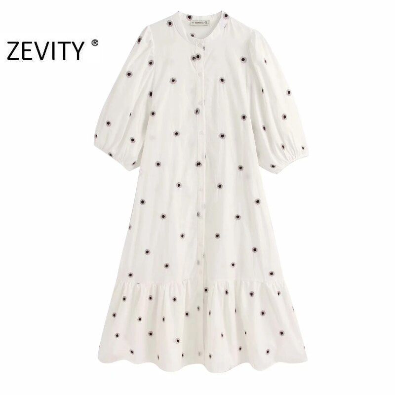 New women vintage o neck flower embroidery shirt dress chic lady hem pleats ruffles vestidos straight midi dresses DS4171
