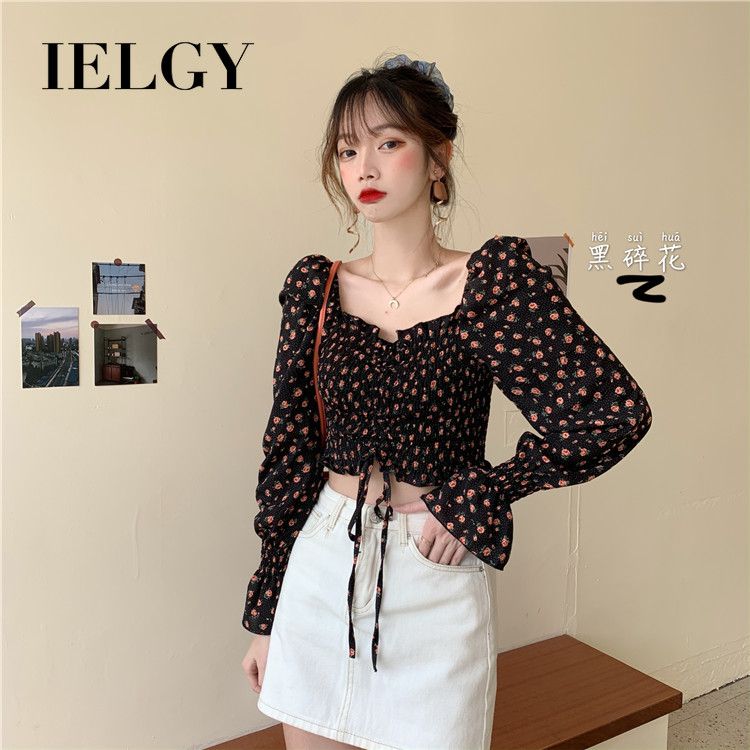 IELGY chiffon shirt female floral top square collar exposed navel Korean version drawstring summer lantern sleeve