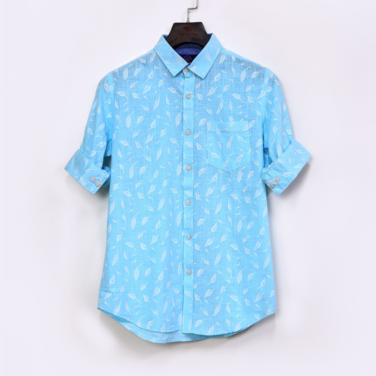 Leaf Printed Light Sky Cotton Casual Long Sleeve Shirt