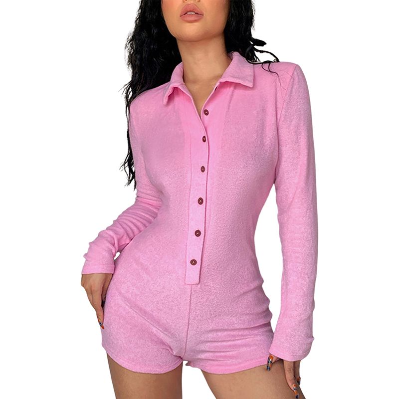 Women Solid Color Playsuit, Adults Slim-fit Button-down Long Sleeve Lapel Romper