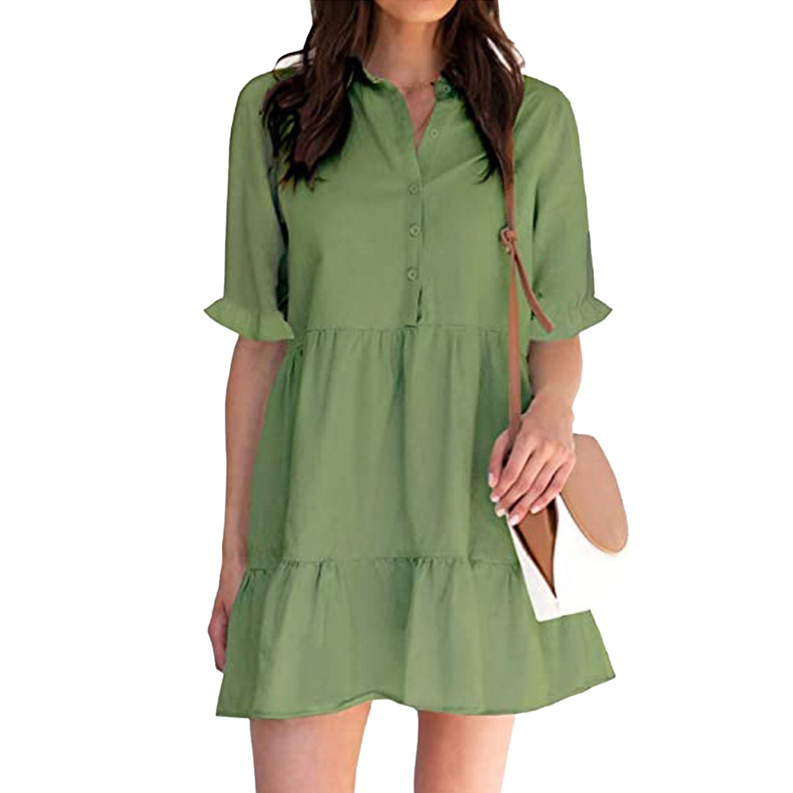 Mini Dress Ruffled Hem Short Sleeve Women Lapel Single-Breasted Dress for Party