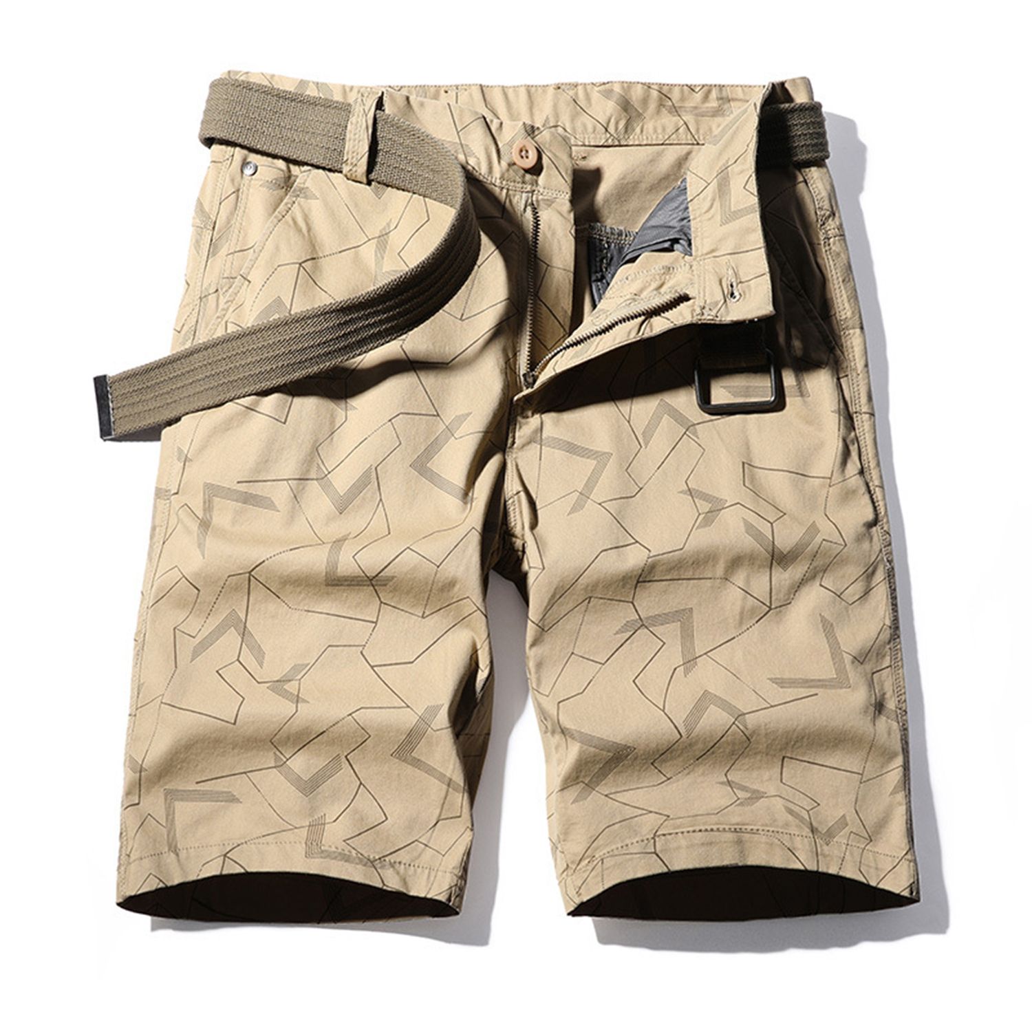 Print Knee Length Men Shorts Breathable Multi Pockets Straight Sweat Shorts Streetwear