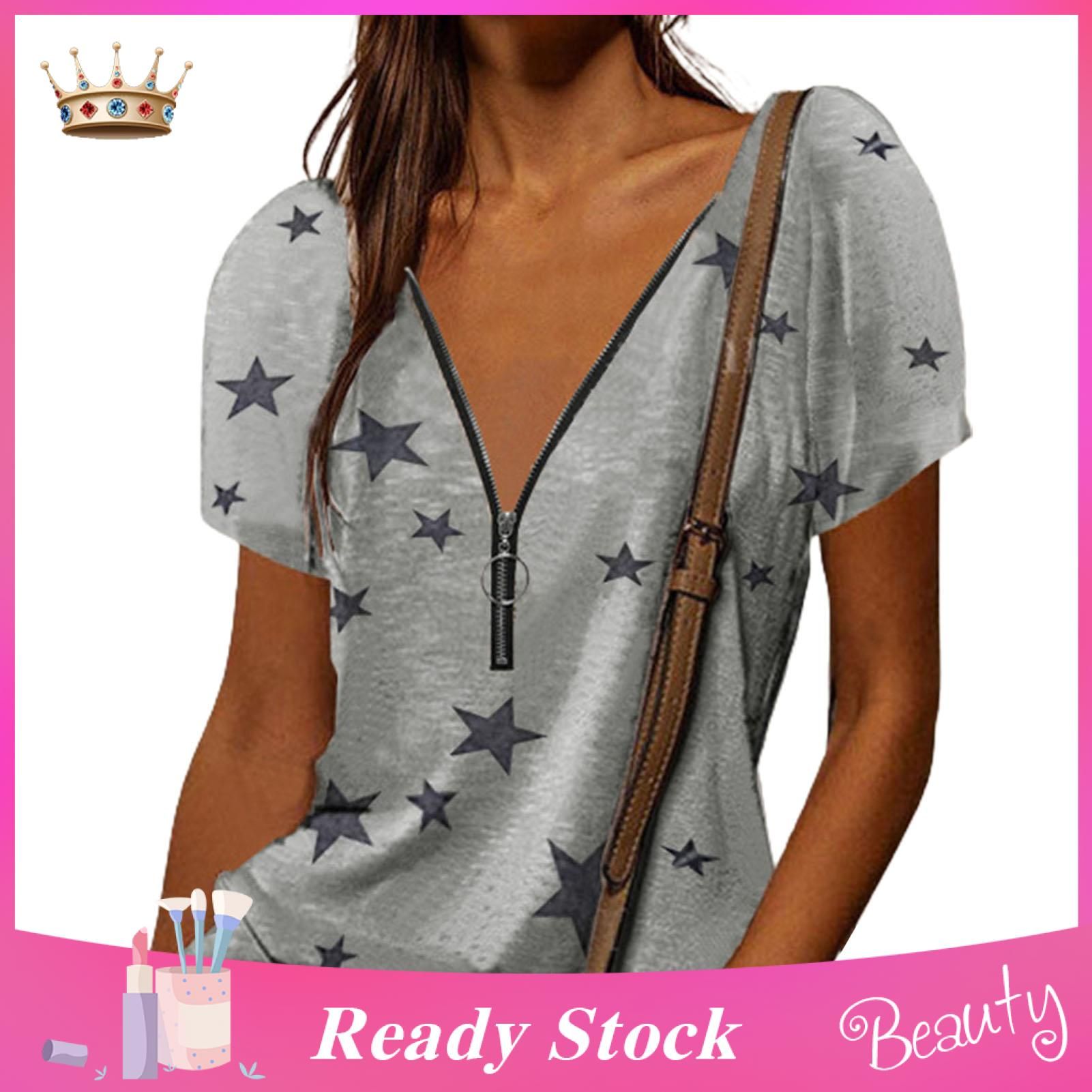 Pullover T-shirt Sweat Absorbing Star Printing Zipper Neck Summer Top