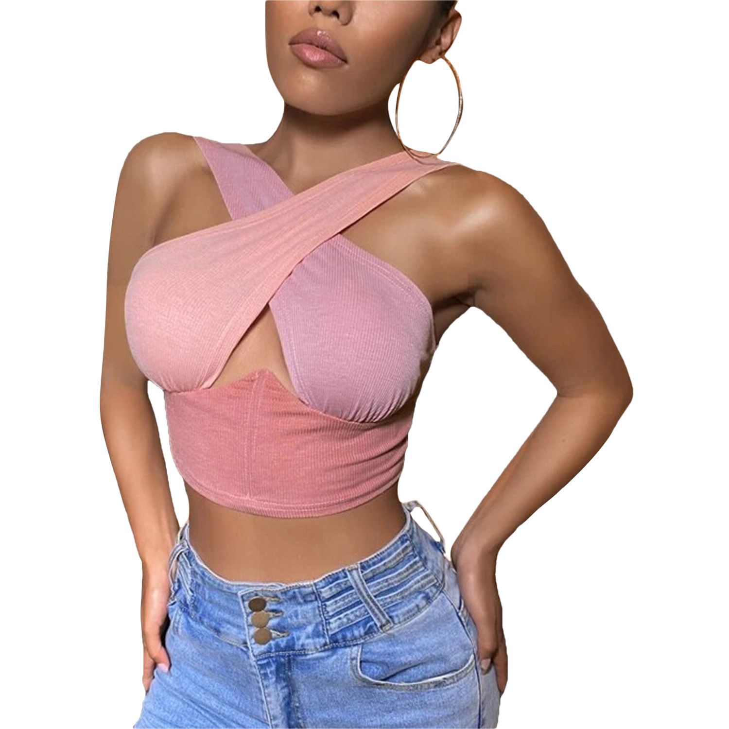Women’s Fashion Color-block Knitted Vest  Cross Hollow Exposed Navel Sleeveless Tops