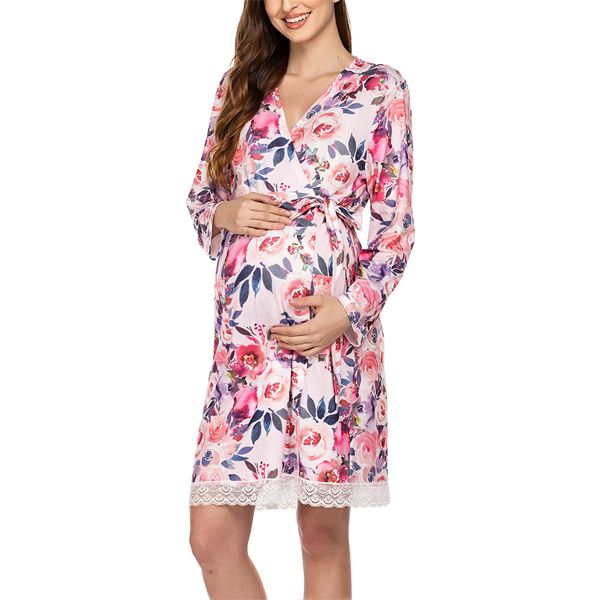 Female Nightdress, Floral Print V-Neck Long Sleeve Nightwear Pajamas for Women, Pink