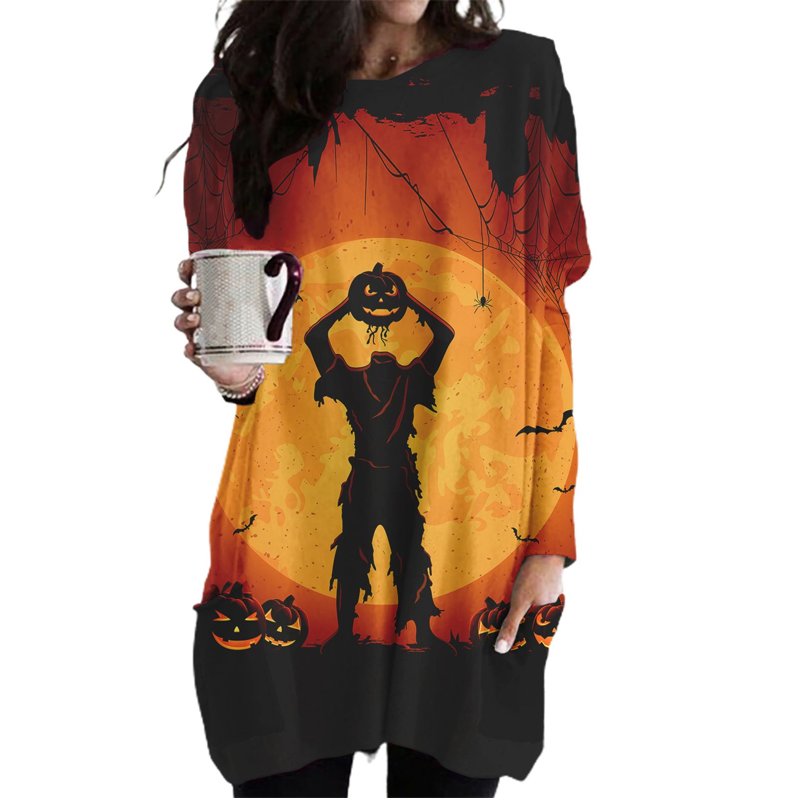 Halloween Dress Crew Neck Long Sleeve Halloween Short Dress