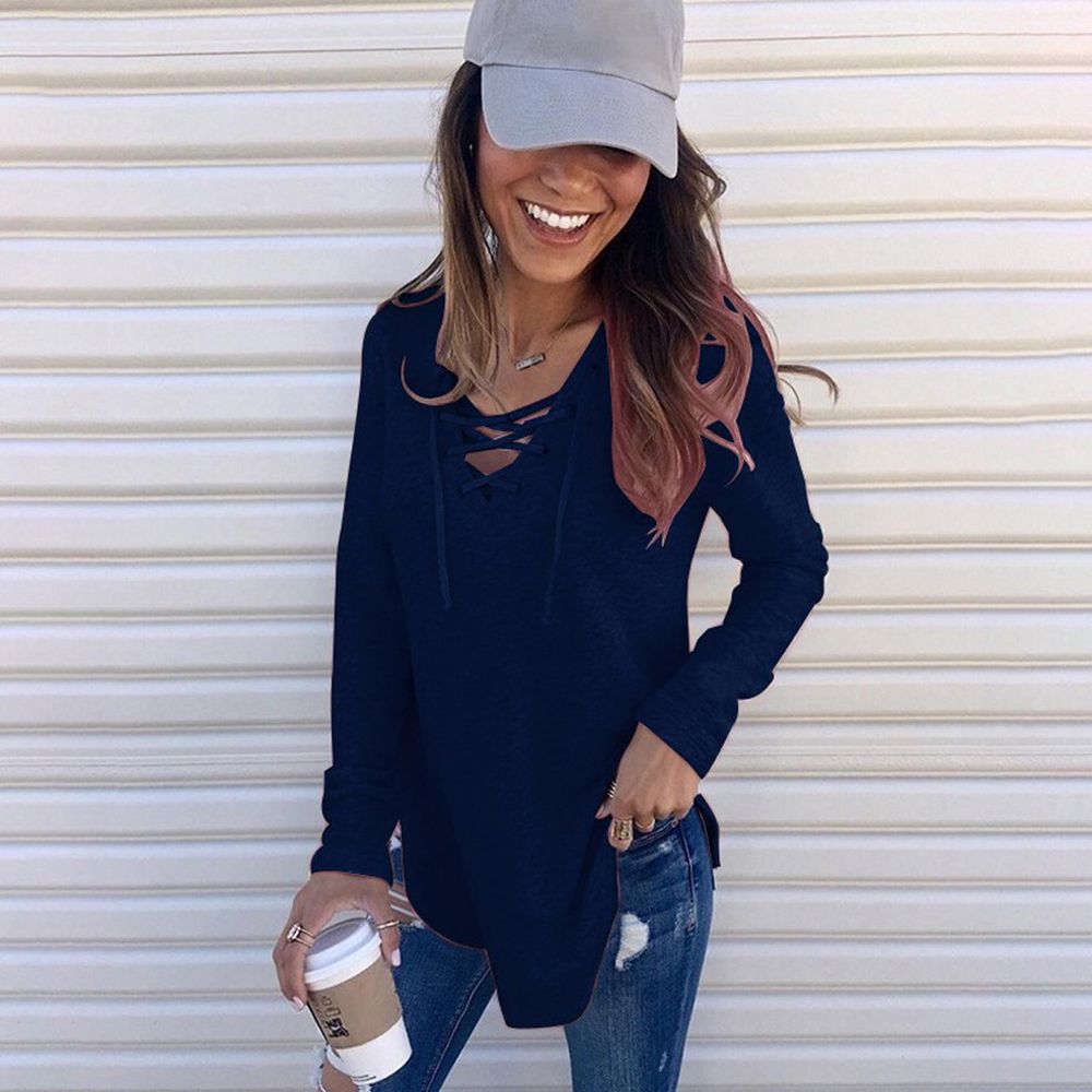 Cotton Blended  High-quality Solid Color V-neck Tie Band Loose Top