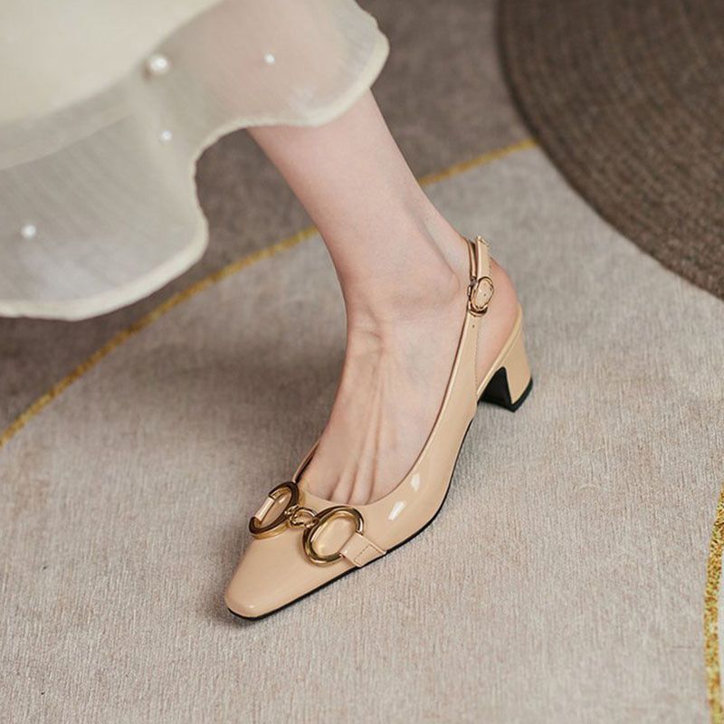 Women's Pumps Metal Decoration Square Toe Mid Square Heel Ladies Pumps Solid Color Sewing All-match Female Footwears