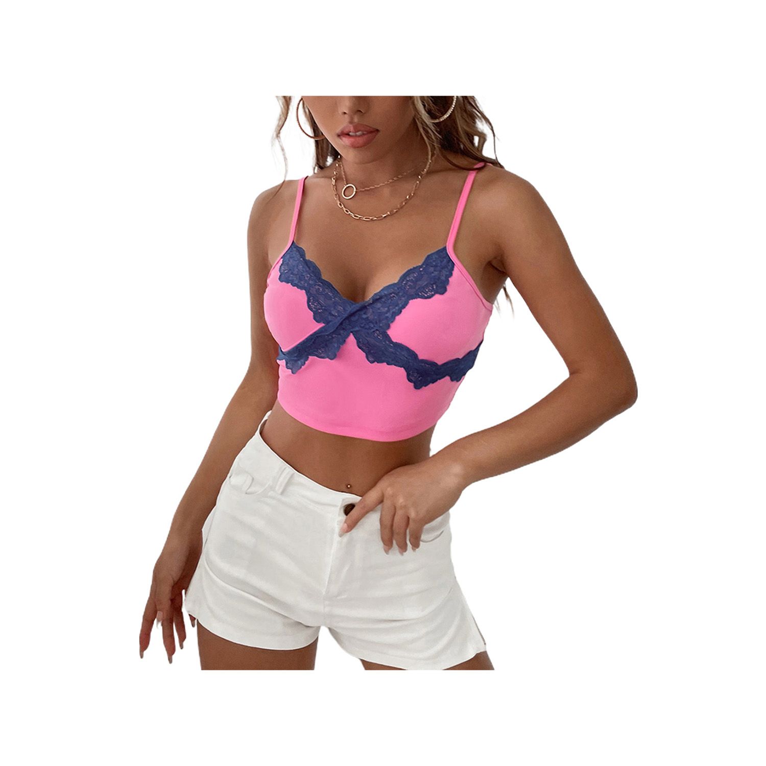 Women's Crop Cami Tops, Sleeveless Spaghetti Strap Lace Patchwork Color Block Camisole