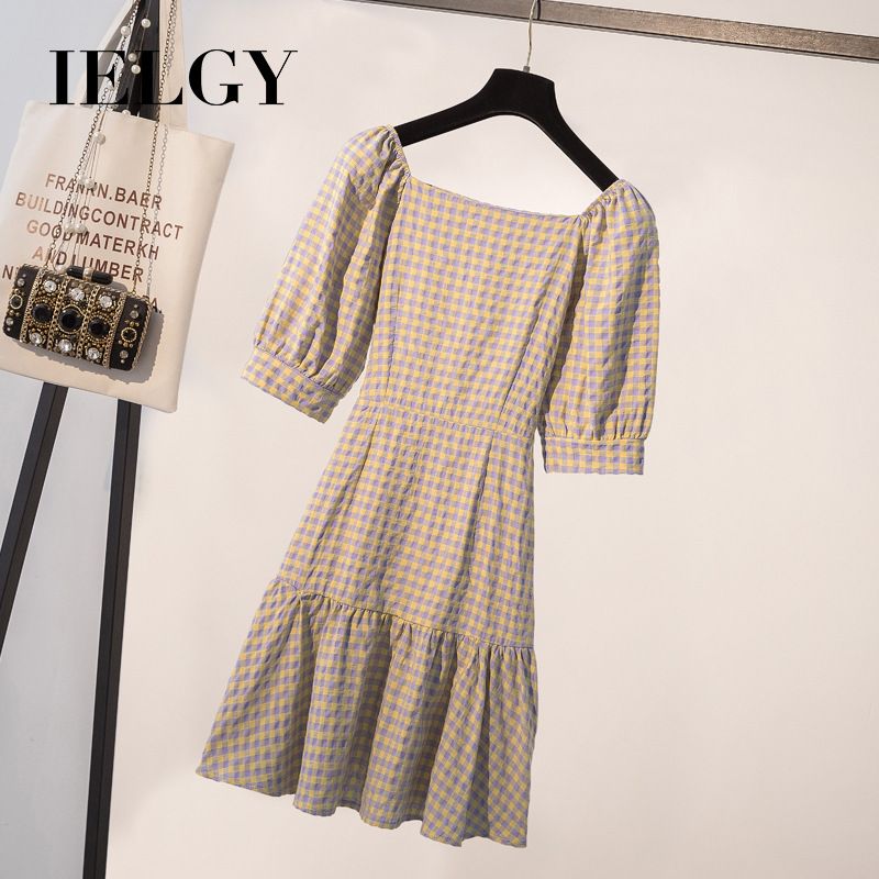 IELGY French retro plaid dress summer waist waist was thin and pleated platycodon skirt