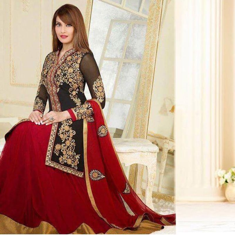 Unstitched Red and  Black Georgette  Embroidery  Work  Gown  For  Women