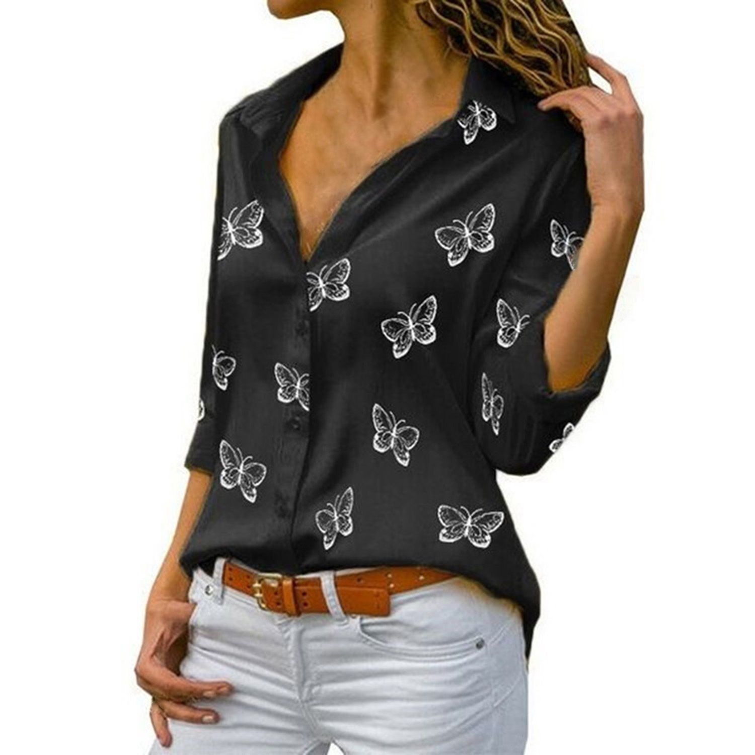 Lady Shirt Cardigan Butterfly Printed Women Spring Blouse