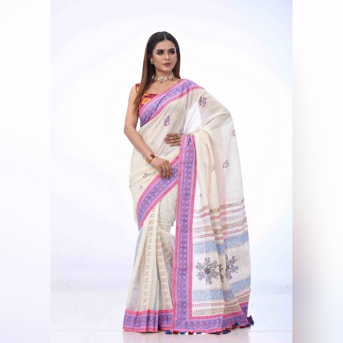 Off White Printed and Embroidered Half Silk Saree