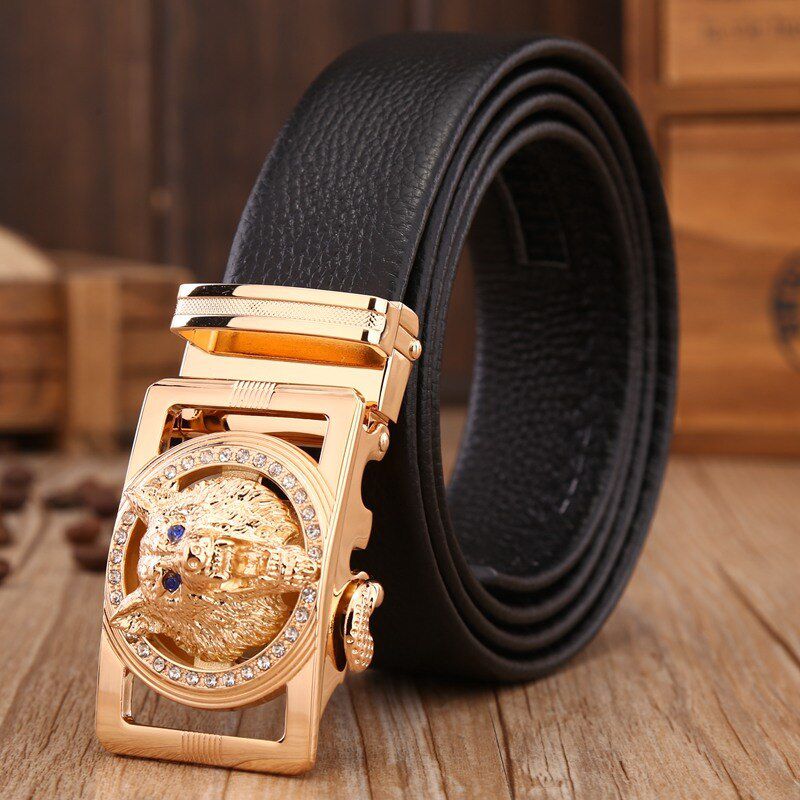 wolf silver leopard men luxury fiber leather long size automatic buckle brown black 170 180cm