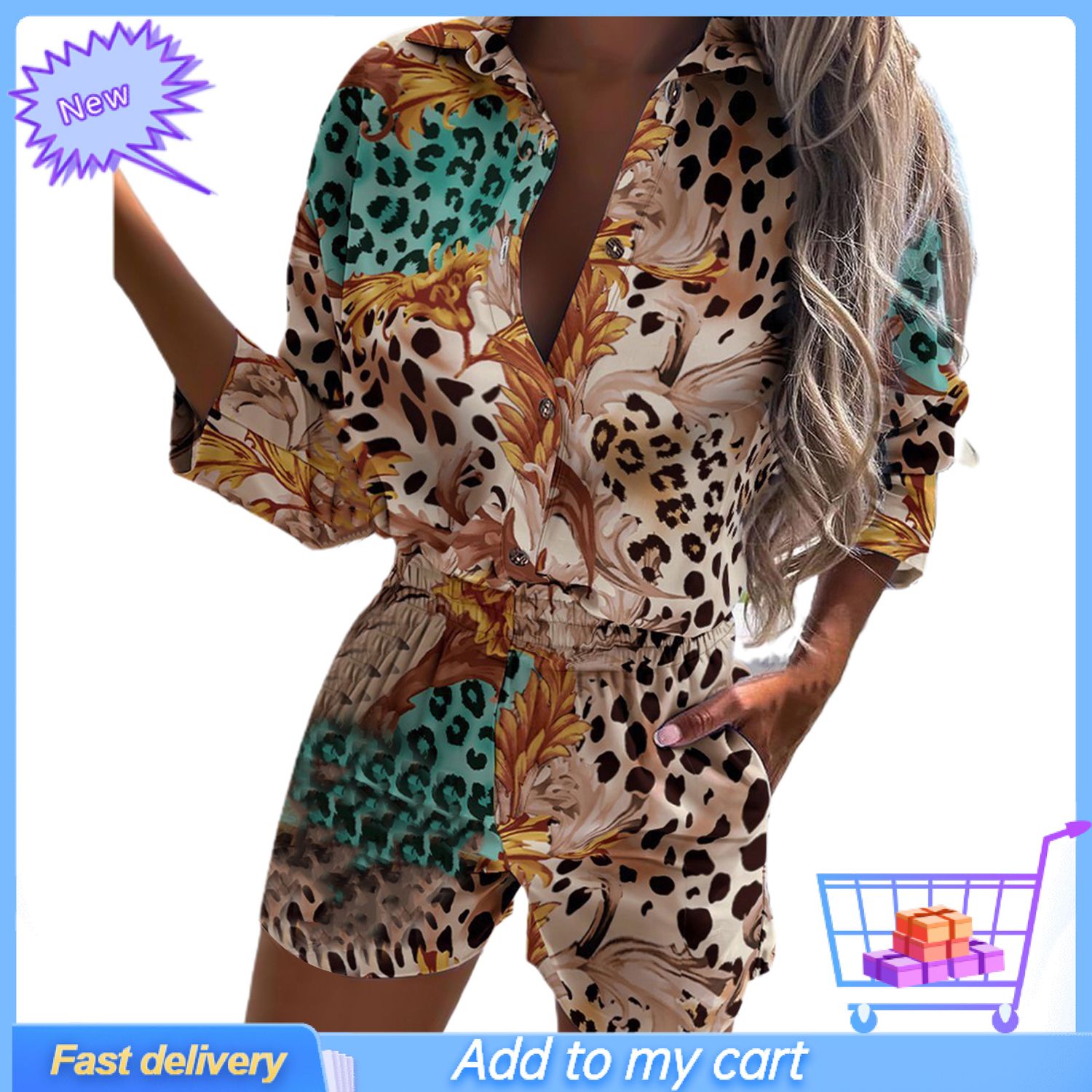 Pants Suit Turn-down Collar Leopard Print Single-breasted Loose Stripe Women Outfits for Autumn