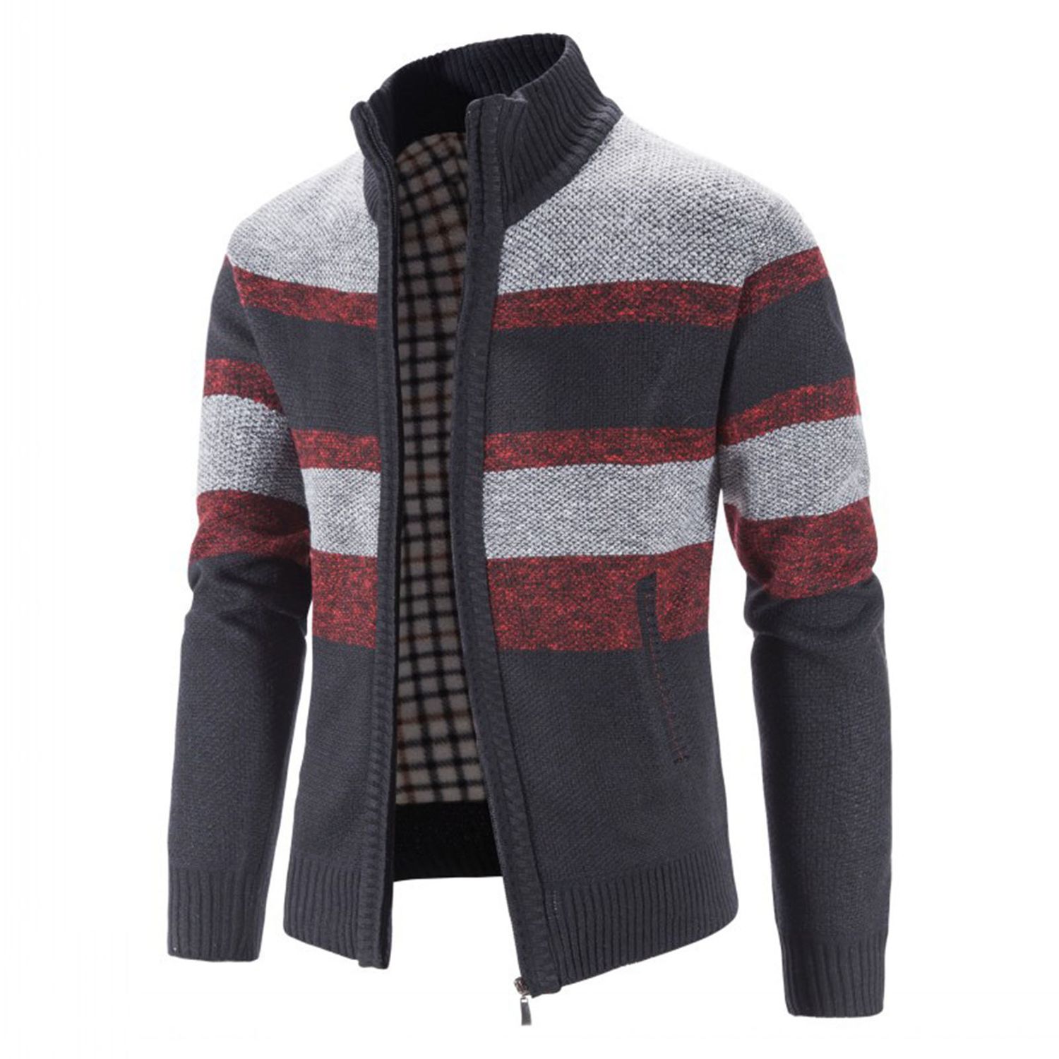 Sweater Coat Plush Lining Men Outdoor Stand Collar Knitted Cardigan