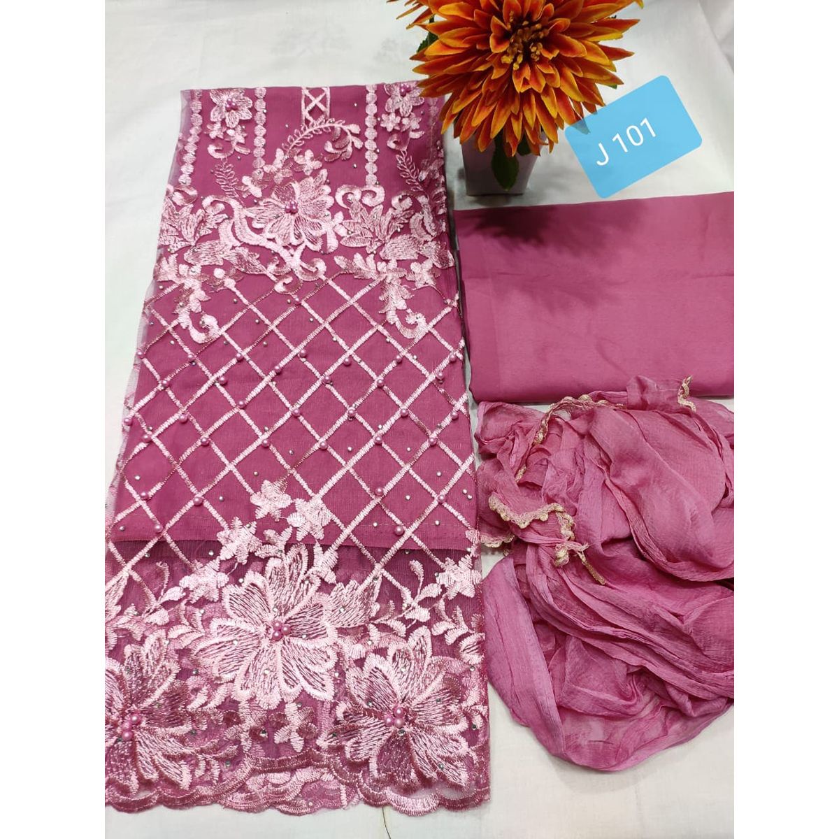 Unstitched Georgette/Jorjet Shalwar Kameez Four Piece Party Dress {4 Piece}