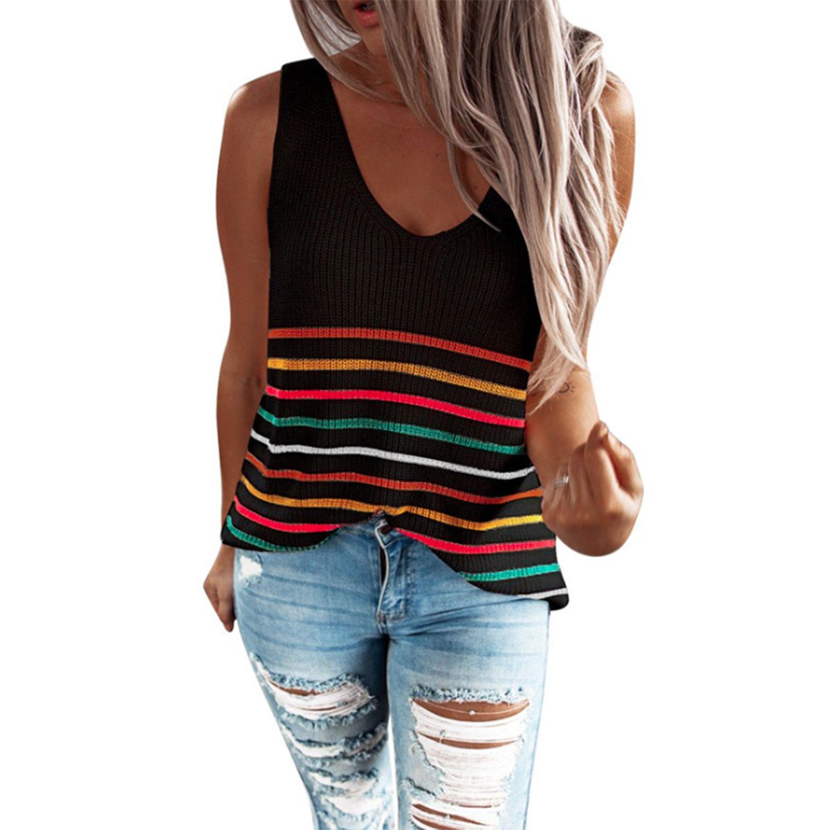 2021 Women Sleeveless Colorful Stripe Knit Top Summer Fashion V-neck Tank Tops for Ladies