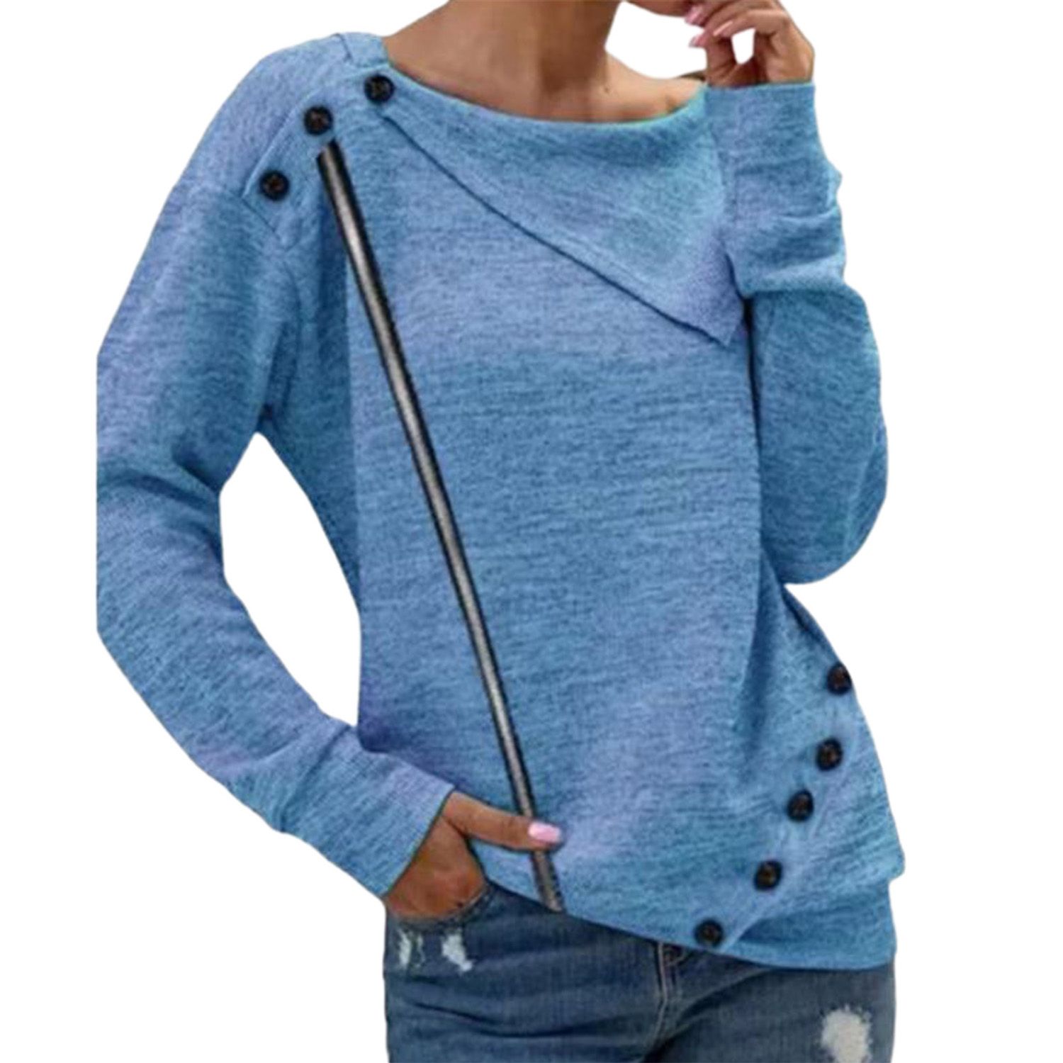Basic Blouse All-Match Buttons Zipper Decor Solid Color Basic Blouse