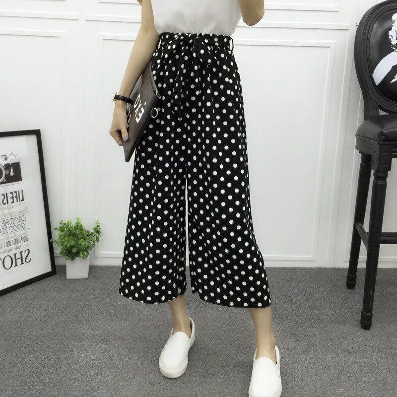 Women's Fashion Wide Leg Long Casual Summer Flare High Waist Elastic Waist Striped Loose Culotte Trousers Cropped Pants