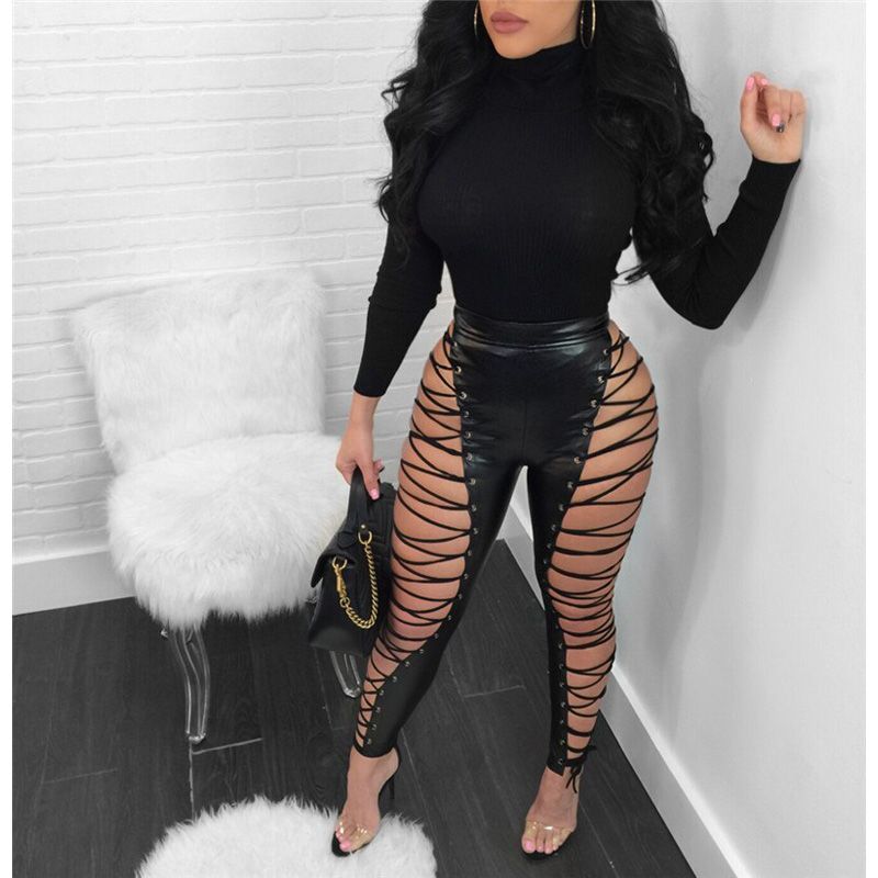 hirigin Hollow Out Lace Up Pencil Pants Women High Waist Bandage Leggings Club Party PU Faux Leather Pants Female