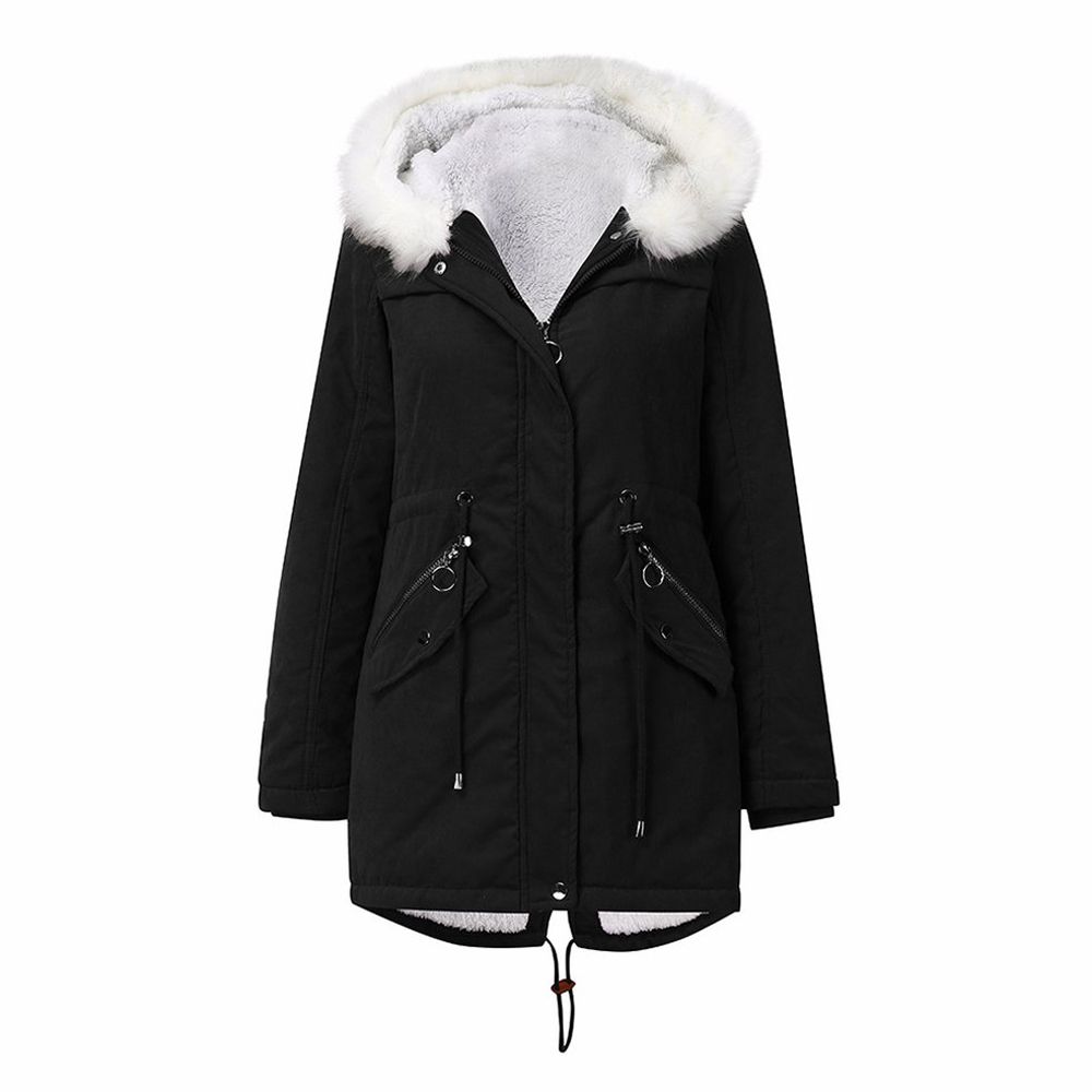 Mid-length Hooded Style Warmth With Velvet Thick Coat Women Exquisite Cotton Jacket Suitable For Winter