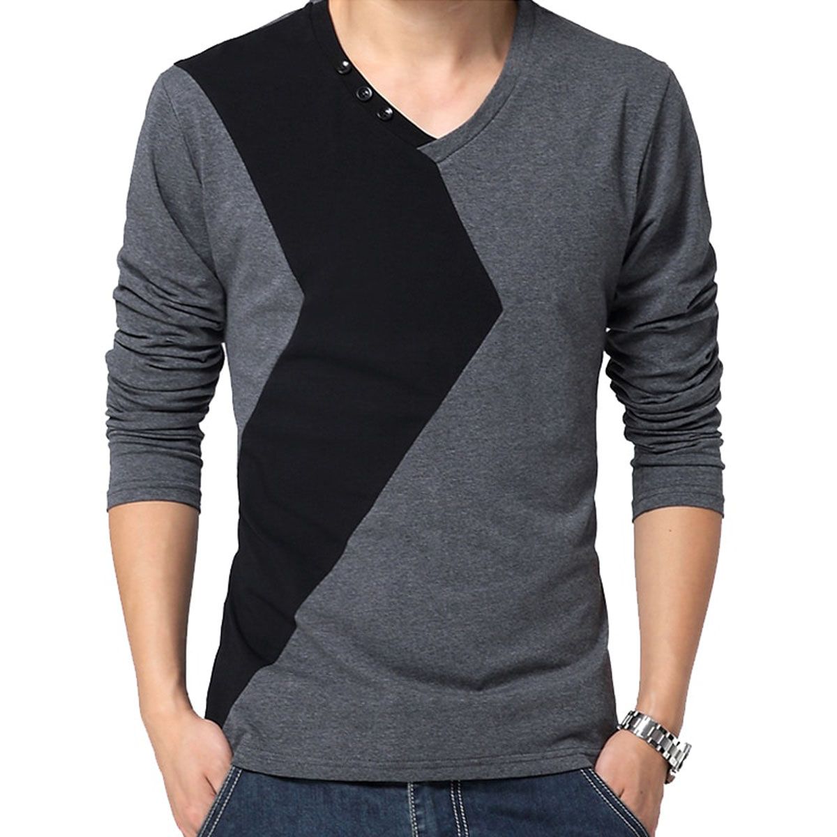 Brand Autumn Mens T Shirts Fashion 2022 Streetwear Long Sleeve V Neck Color Patchwork Cotton T Shirt Men