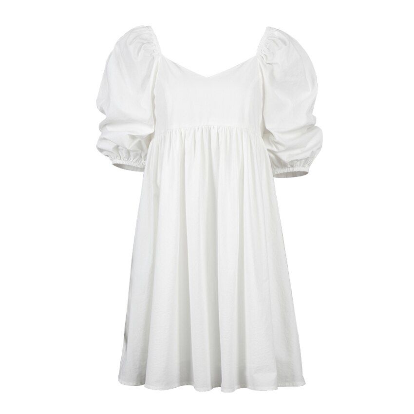 Square Neck Summer Mini Dress Short Sleeve Female High Waist Black Loose A Line Women Dress Puff Sleeve Blue Cotton