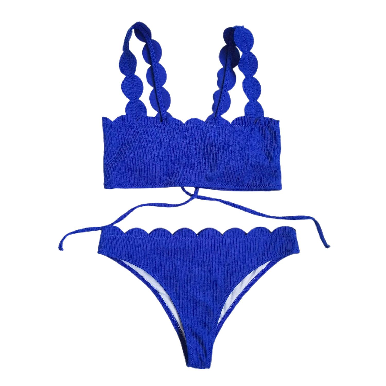 Summer Women Scalloped Edge Solid Color Bandeau Wireless Bra Briefs Bikini Set Bathing Suit Swimwear