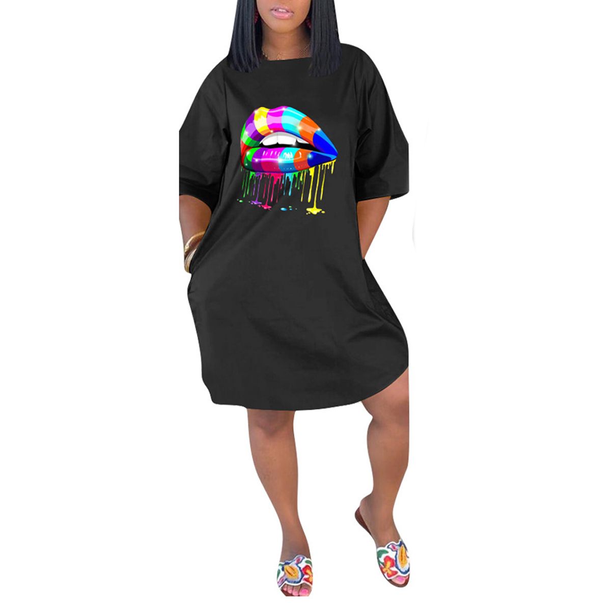 Women's Mouth Print Dress Summer Fashion Casual Large Size Mid Sleeve Dress Solid Color